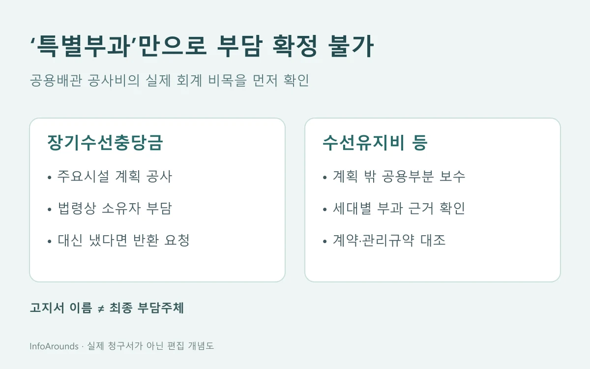 아파트 공용배관 수리비 특별부과를 장기수선충당금과 수선유지비 등으로 나눠 세입자 부담을 확인하는 분기도