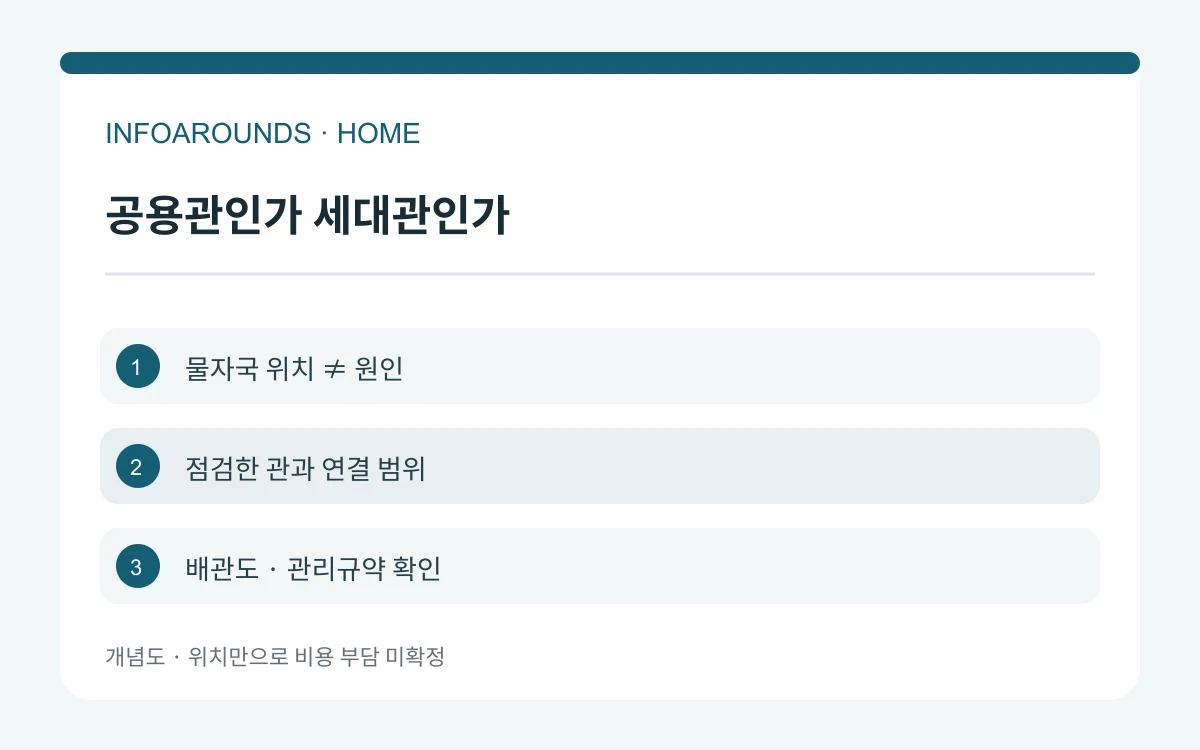 물자국 위치와 누수 원인을 구분하고 점검한 관·연결 범위, 배관도와 관리규약을 확인하는 세 단계 도식