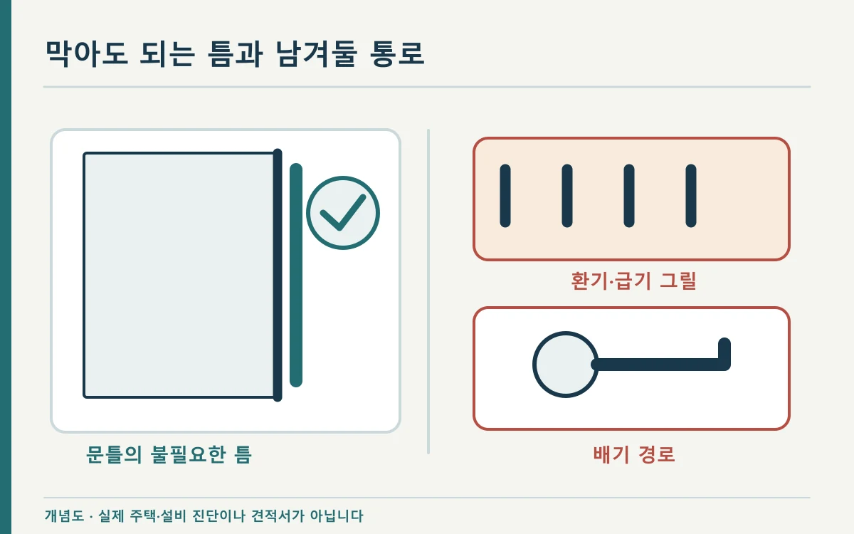 문틀 틈새의 문풍지 가능 구역과 환기구·배기구 금지 구역을 구분한 개념 도해