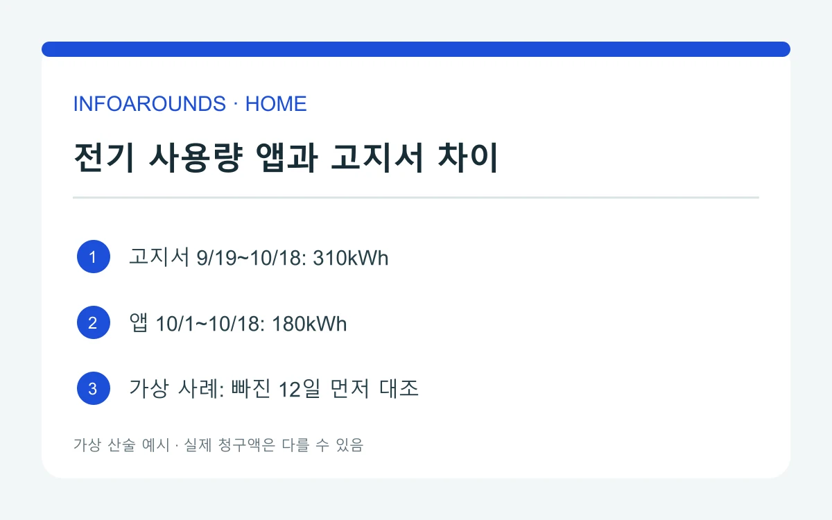 가상 고지서 9월 19일~10월 18일 310kWh와 앱 10월 1일~18일 180kWh의 조회기간 차이 도해