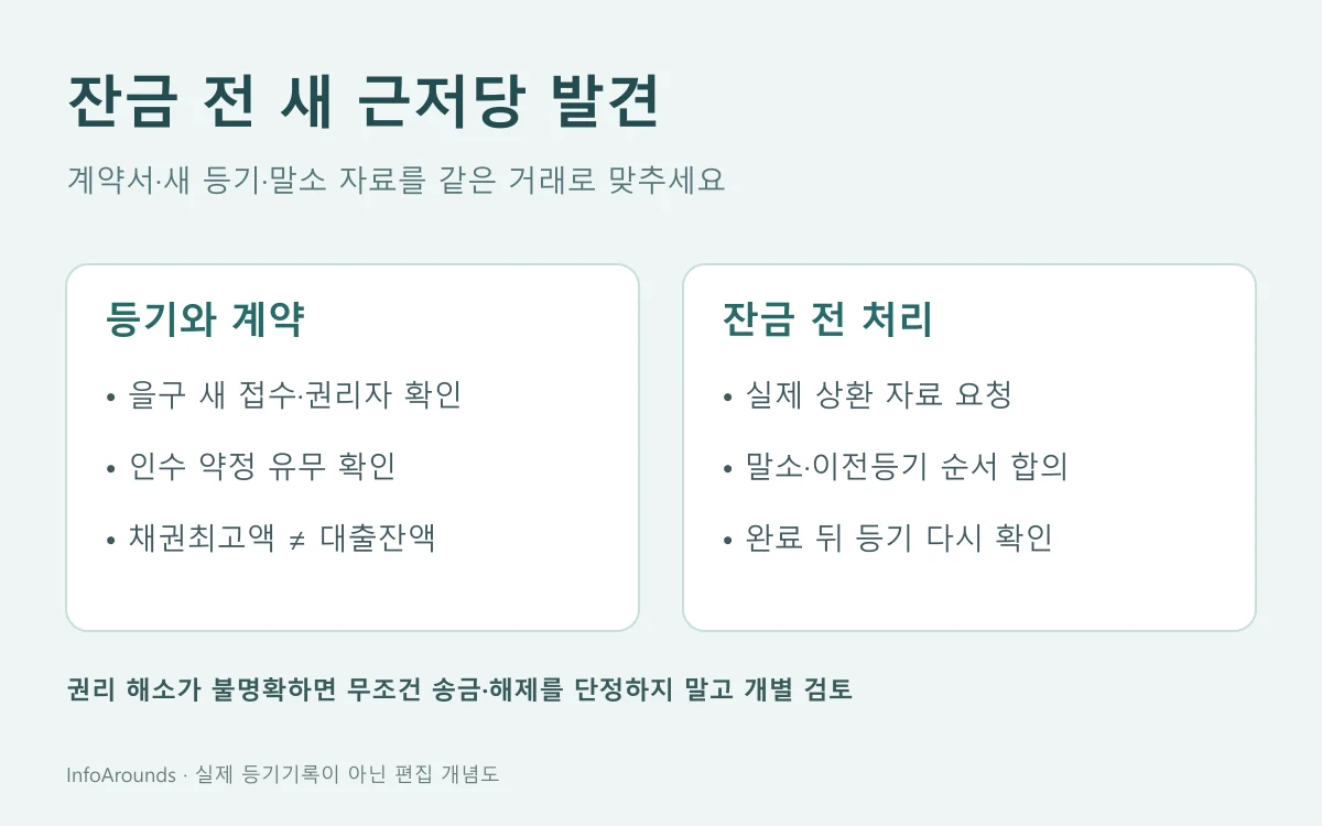 매매계약 당시 등기와 잔금 당일 새 등기를 비교해 근저당 접수·인수 약정·말소 자료를 나누어 확인하는 도해