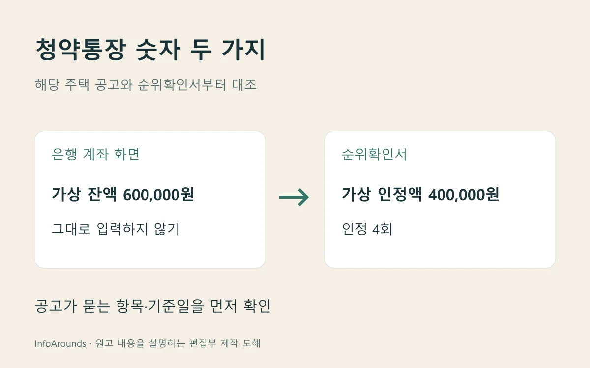 가상 청약통장 잔액 60만 원과 순위확인서 인정금액 40만 원 및 인정 4회를 구분한 도해