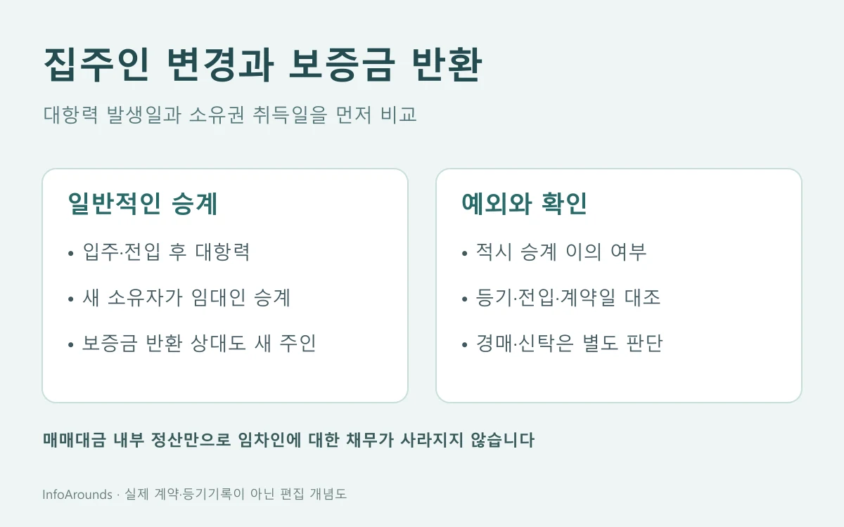 집주인 변경 전후의 임대인 지위와 전세보증금 반환 상대를 대항력·이의 여부에 따라 구분한 개념도