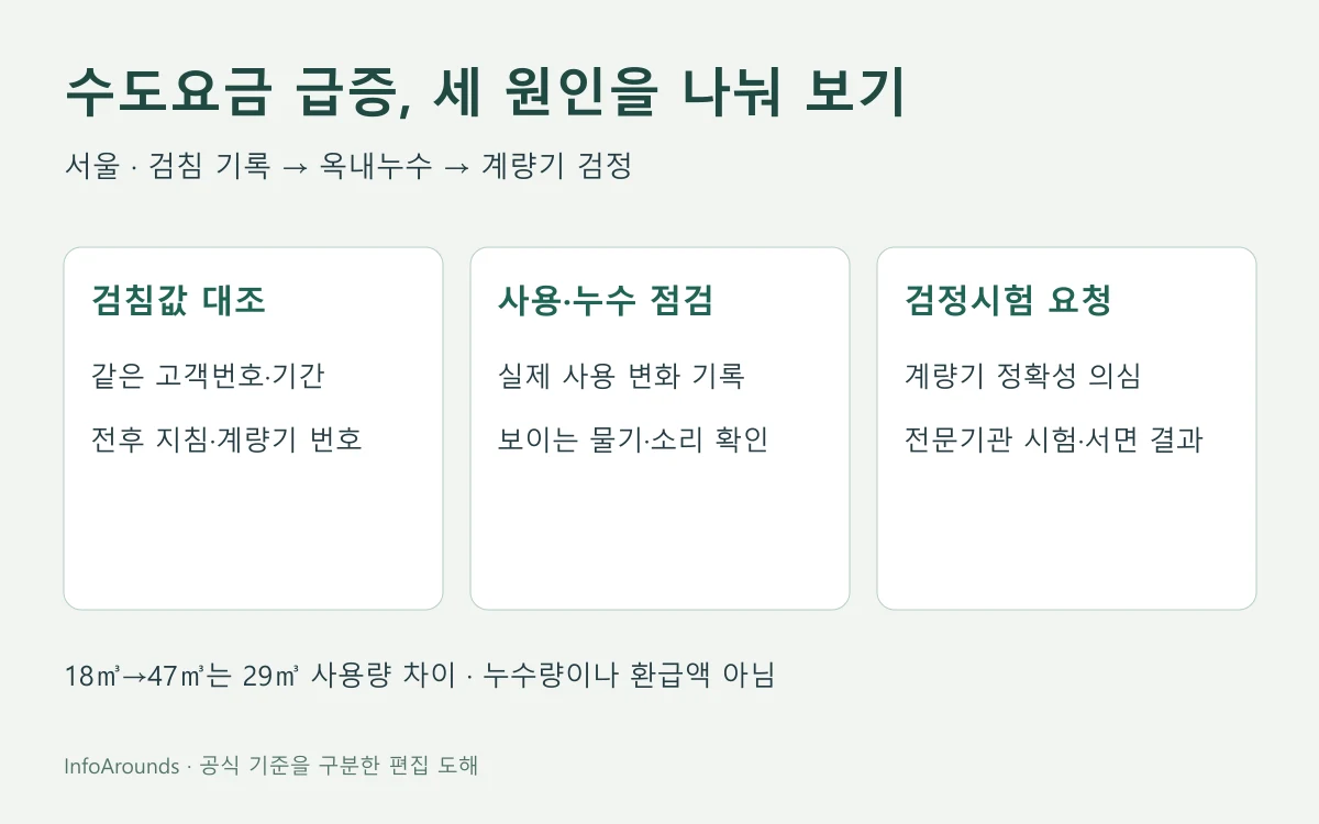 서울 수도요금 급증 때 같은 고객번호의 검침기간과 전후 지침을 대조하고 옥내누수 흔적을 확인한 뒤 계량기 검정시험을 요청하는 판단 순서 도해