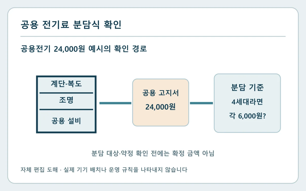 빌라 공용 전기요금 분담｜계량 방식과 관리내역 확인의 기록 위치와 다음 확인을 보여 주는 자체 편집 도해