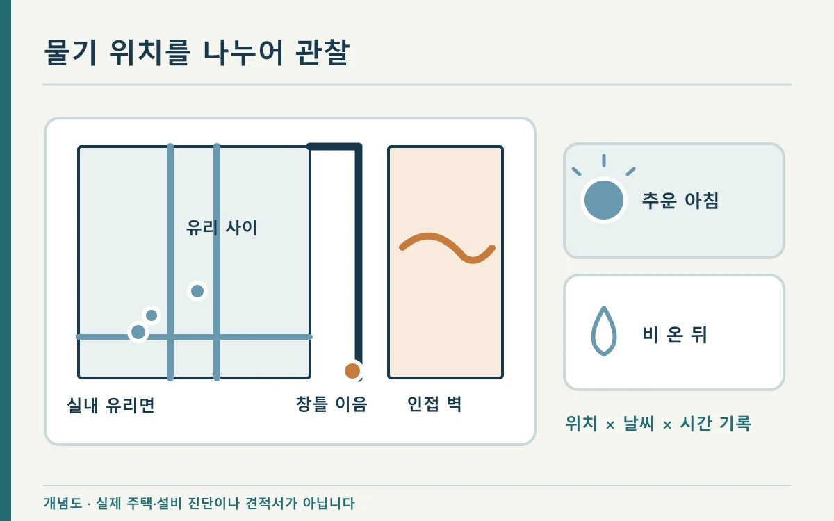 유리 안쪽, 이중창 사이, 창틀 접합부, 벽의 물기 위치를 구분한 개념 도해