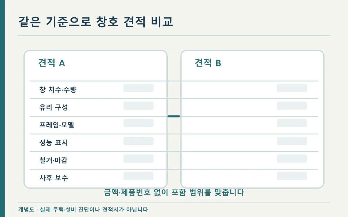 창호 견적서 두 장에서 유리, 프레임, 시공 범위를 같은 행으로 맞추는 비교 도해
